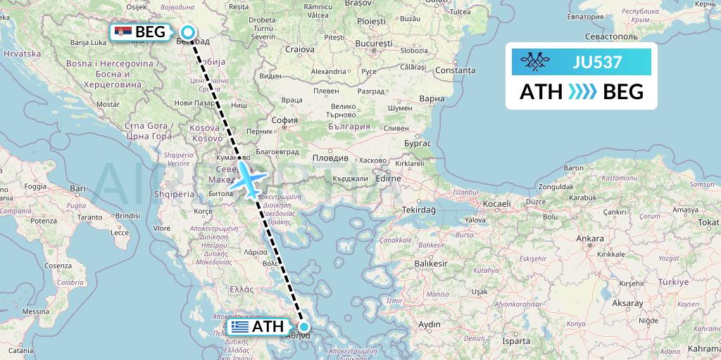 JU537 AirSERBIA Flight Map: Athens to Belgrade