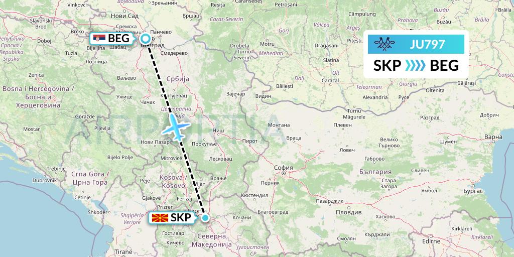 JU797 AirSERBIA Flight Map: Skopje to Belgrade