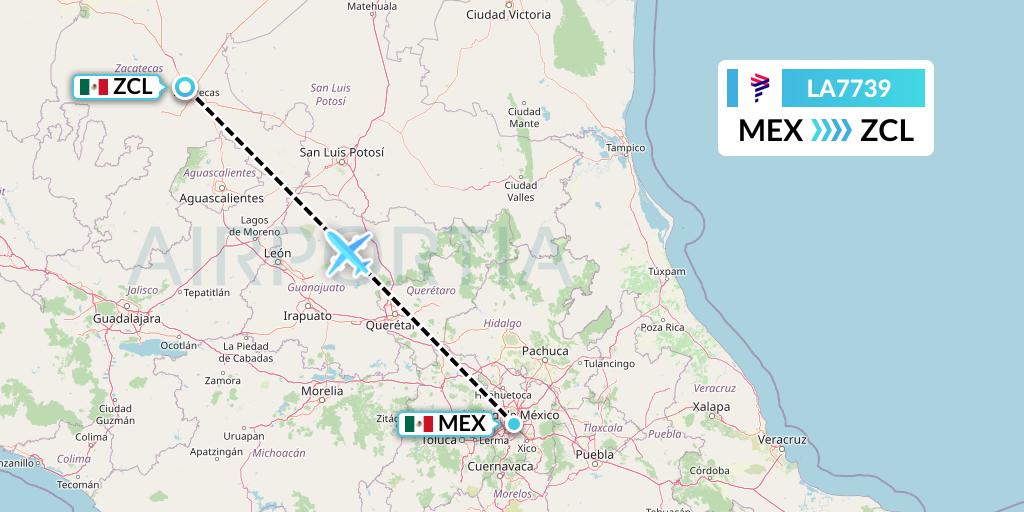 LA7739 LAN Airlines Flight Map: Mexico City to Zacatecas