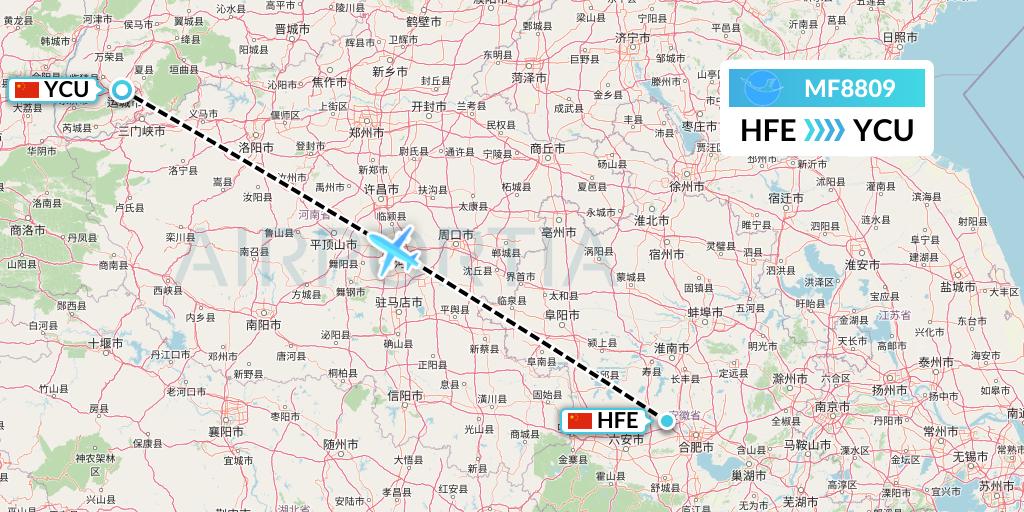 MF8809 Xiamen Airlines Flight Map: Hefei to Yuncheng