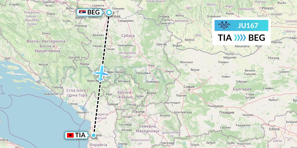 JU167 AirSERBIA Flight Map: Tirana to Belgrade