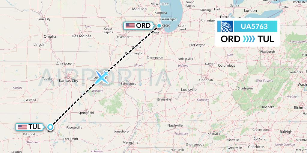 UA5763 United Airlines Flight Map: Chicago to Tulsa