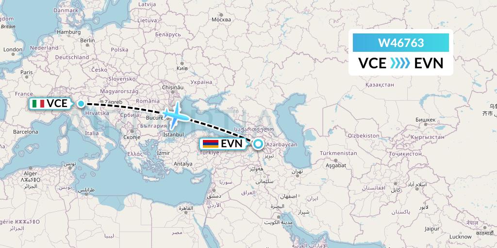 W46763 Wizz Air Malta Flight Map: Venice to Yerevan