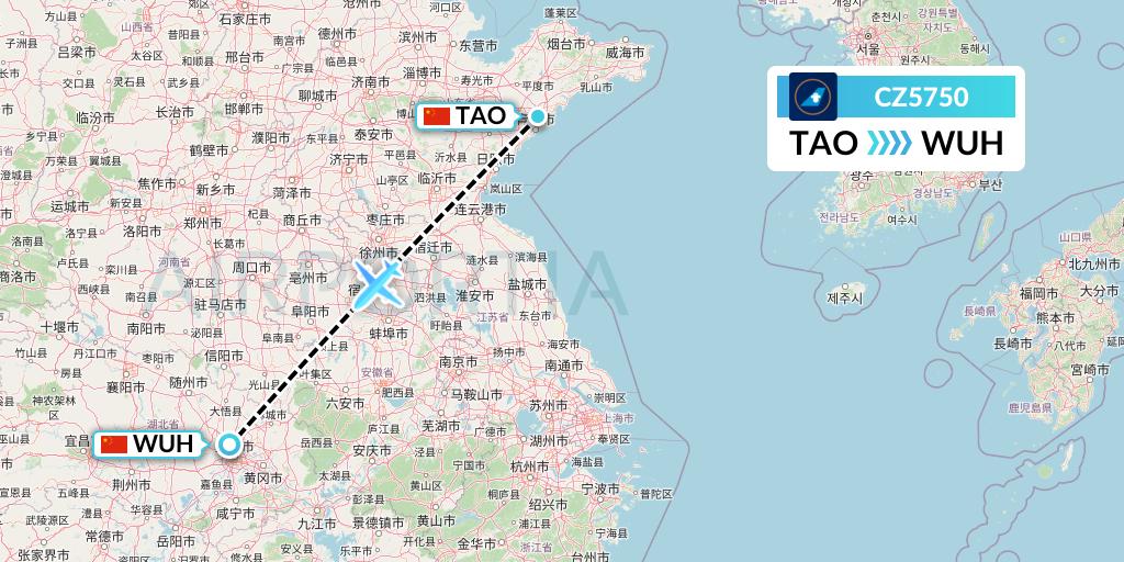 CZ5750 China Southern Airlines Flight Map: Qingdao to Wuhan