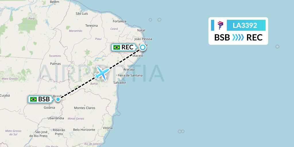 LA3392 LAN Airlines Flight Map: Brasilia to Recife