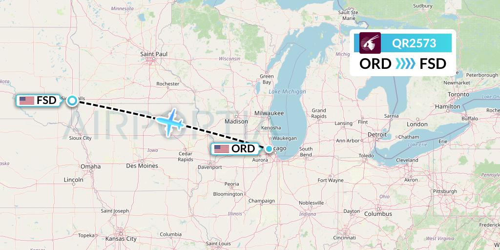 QR2573 Qatar Airways Flight Map: Chicago to Sioux Falls