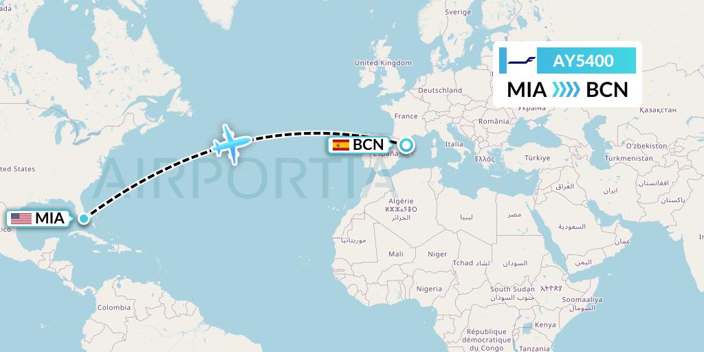 AY5400 Finnair Flight Map: Miami to Barcelona