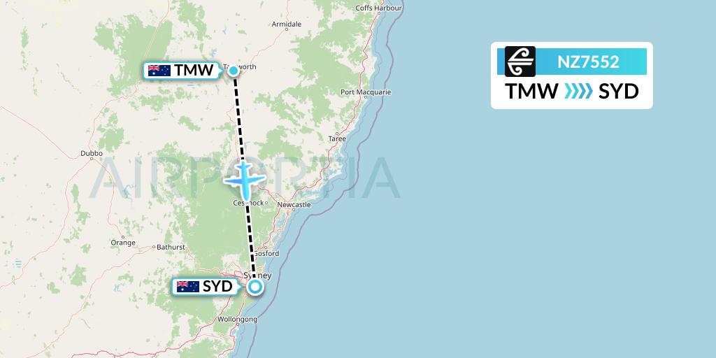 NZ7552 Air New Zealand Flight Map: Tamworth to Sydney