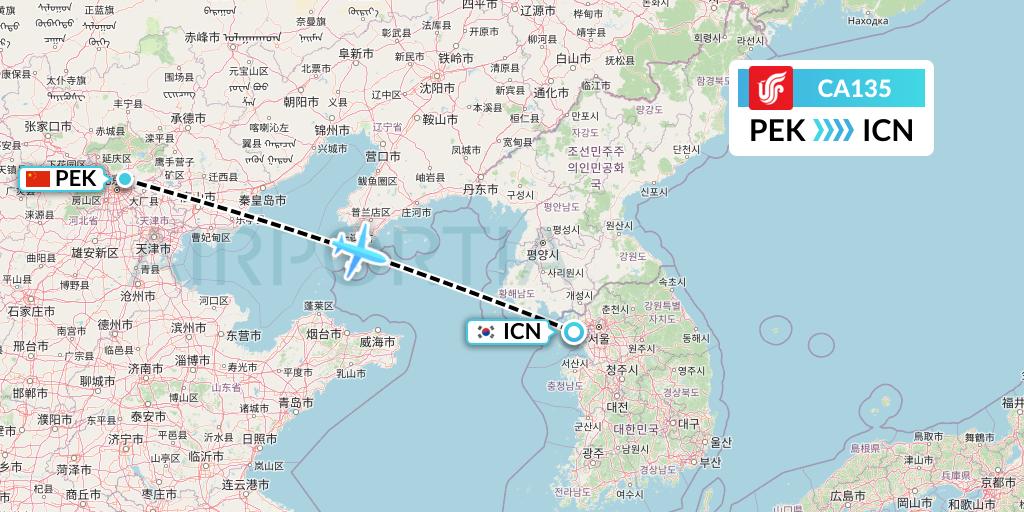 CA135 Air China Flight Map: Beijing to Seoul
