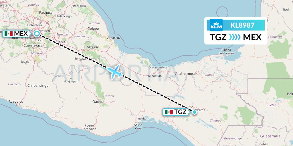 KL8987 KLM Flight Map: Tuxtla Gutierrez to Mexico City