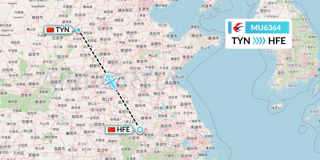 MU6364 China Eastern Airlines Flight Map: Taiyuan to Hefei