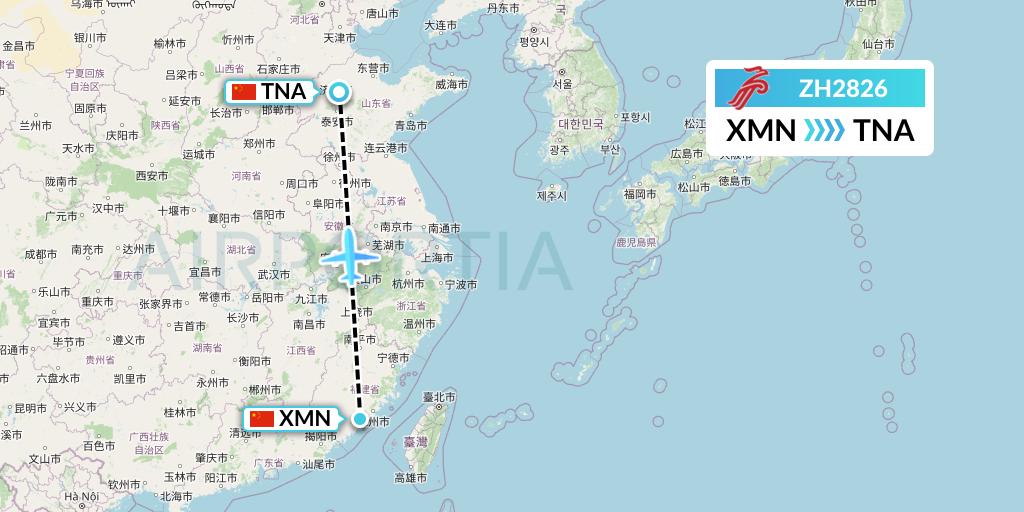 ZH2826 Shenzhen Airlines Flight Map: Xiamen to Jinan