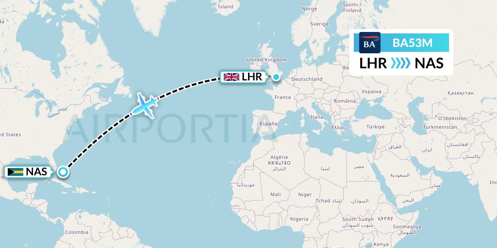 BA53M British Airways Flight Map: London to Nassau