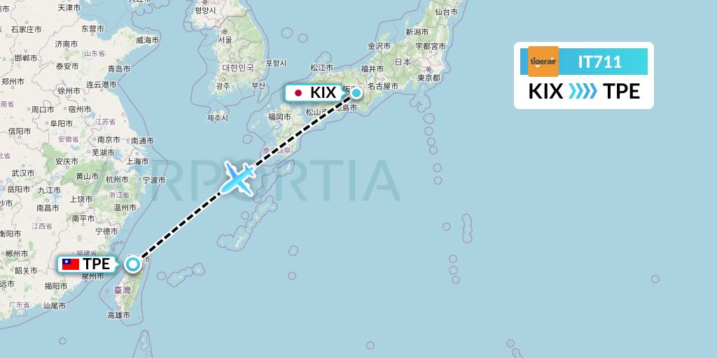 IT711 Tigerair Taiwan Flight Map: Osaka to Taipei