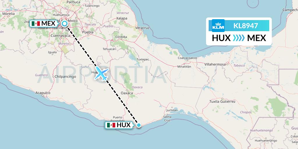 KL8947 KLM Flight Map: Huatulco to Mexico City