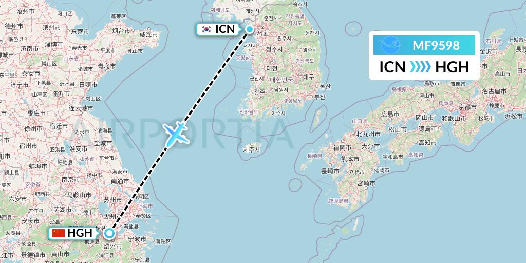 MF9598 Xiamen Airlines Flight Map: Seoul to Hangzhou