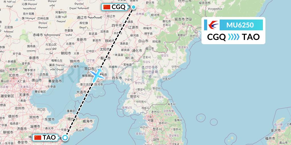 MU6250 China Eastern Airlines Flight Map: Changchun to Qingdao