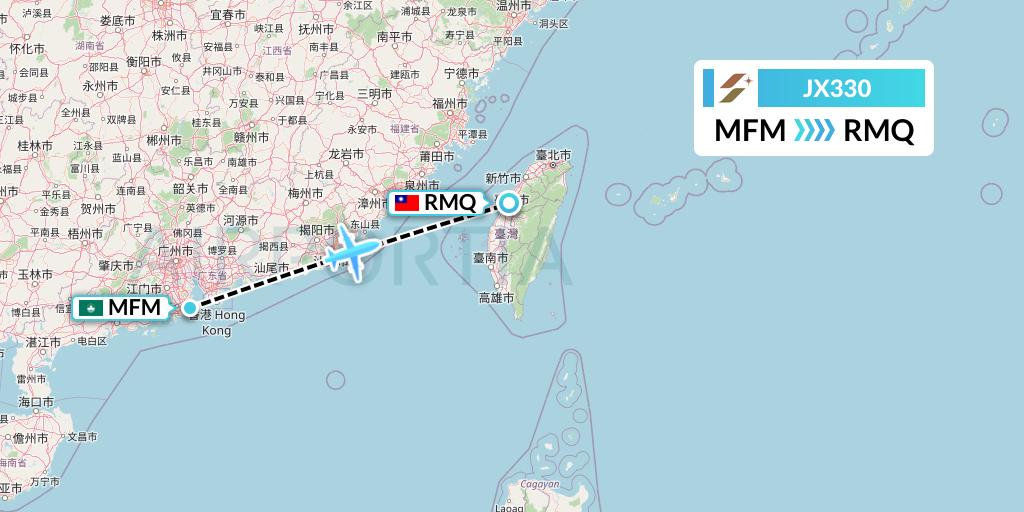 JX330 Starlux Airlines Flight Map: Macau to Taichung