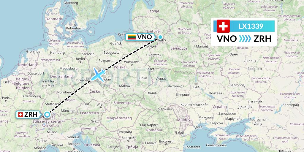 LX1339 Swiss Flight Map: Vilnius to Zurich