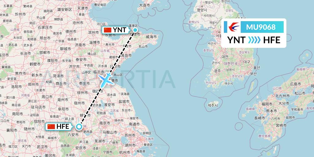 MU9068 China Eastern Airlines Flight Map: Yantai to Hefei