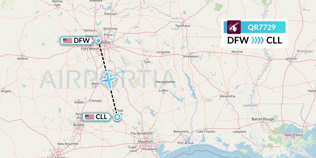 QR7729 Qatar Airways Flight Map: Dallas to College Station