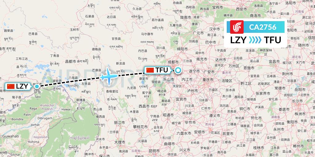 CA2756 Air China Flight Map: Nyingchi to Chengdu