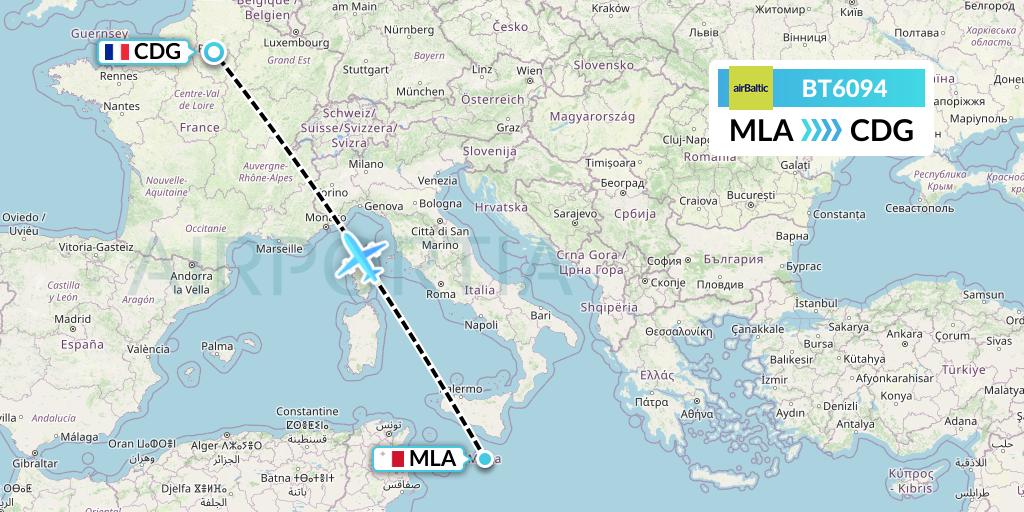 BT6094 Air Baltic Flight Map: Malta to Paris