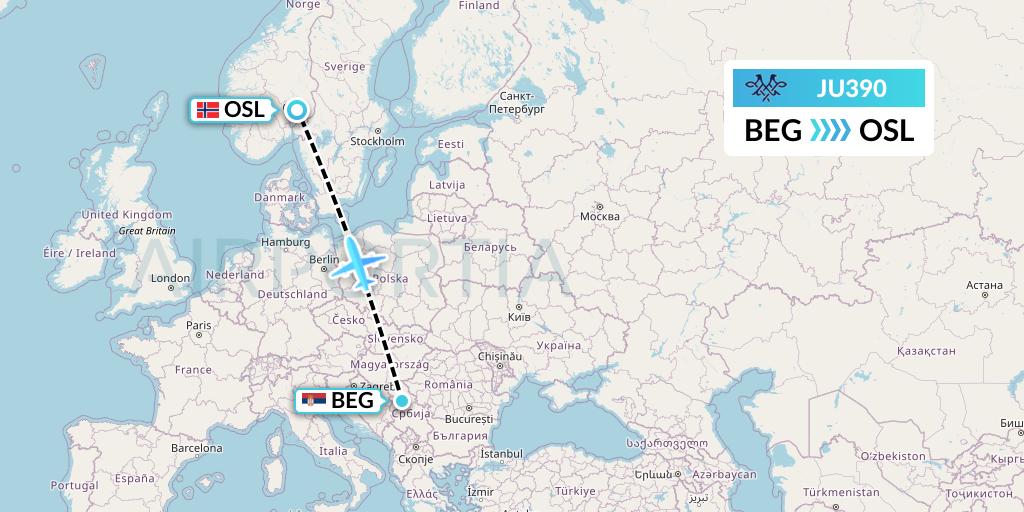 JU390 AirSERBIA Flight Map: Belgrade to Oslo