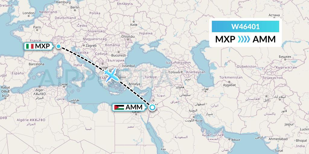 W46401 Wizz Air Malta Flight Map: Milan to Amman