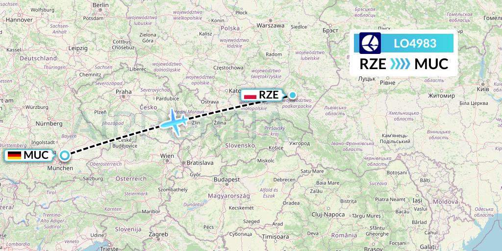 LO4983 LOT Flight Map: Rzeszow to Munich