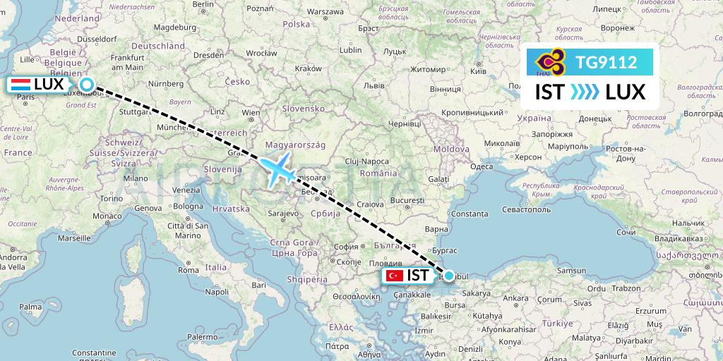 TG9112 Thai Airways Flight Map: Istanbul to Luxembourg