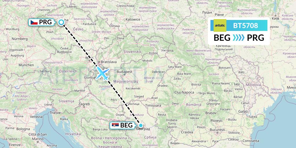 BT5708 Air Baltic Flight Map: Belgrade to Prague