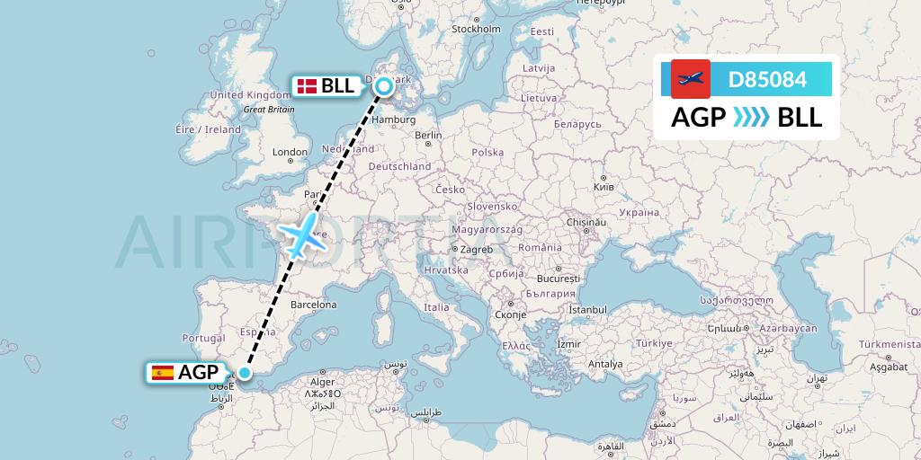 D85084 Norwegian Air International Flight Map: Malaga to Billund