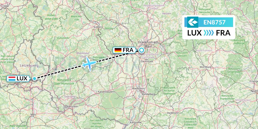 EN8757 Air Dolomiti Flight Map: Luxembourg to Frankfurt