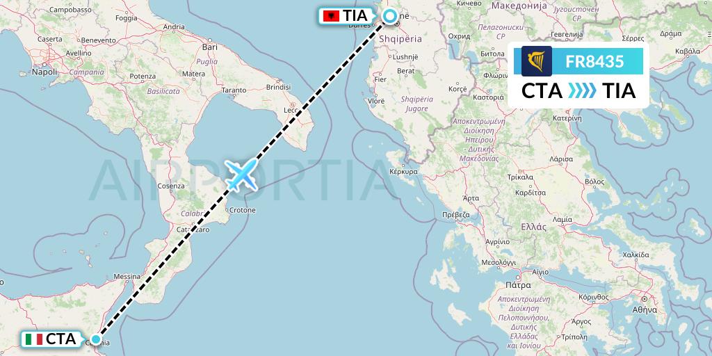 FR8435 Ryanair Flight Map: Catania to Tirana