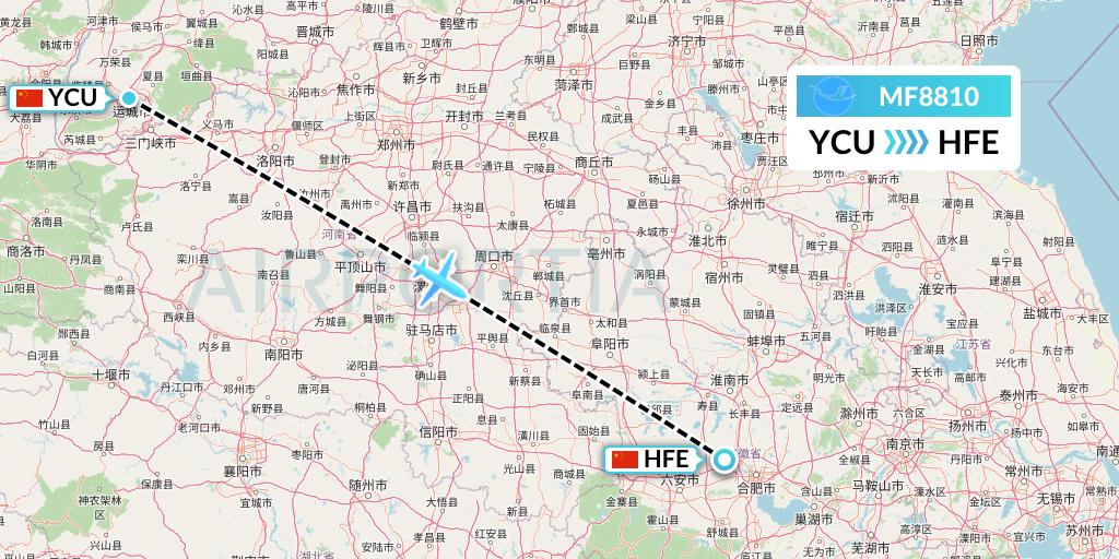 MF8810 Xiamen Airlines Flight Map: Yuncheng to Hefei