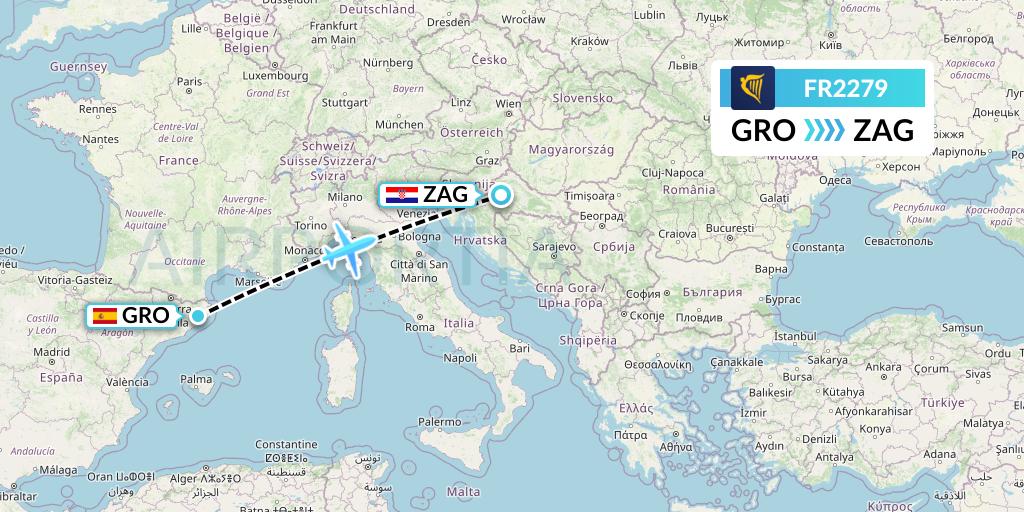 FR2279 Ryanair Flight Map: Girona to Zagreb