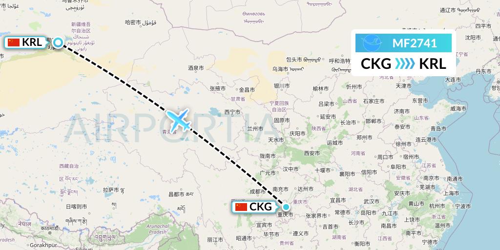 MF2741 Xiamen Airlines Flight Map: Chongqing to Korla