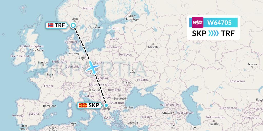 W64705 Wizz Air Flight Map: Skopje to Oslo