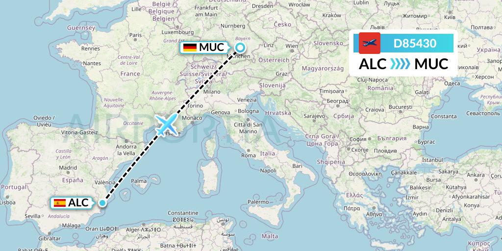 D85430 Norwegian Air International Flight Map: Alicante to Munich