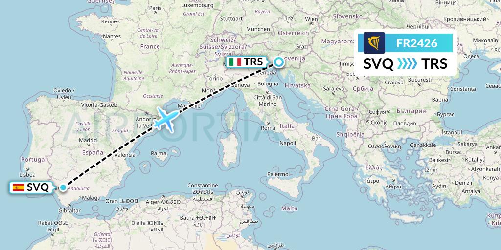 FR2426 Ryanair Flight Map: Seville to Trieste