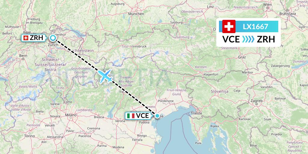 LX1667 Swiss Flight Map: Venice to Zurich