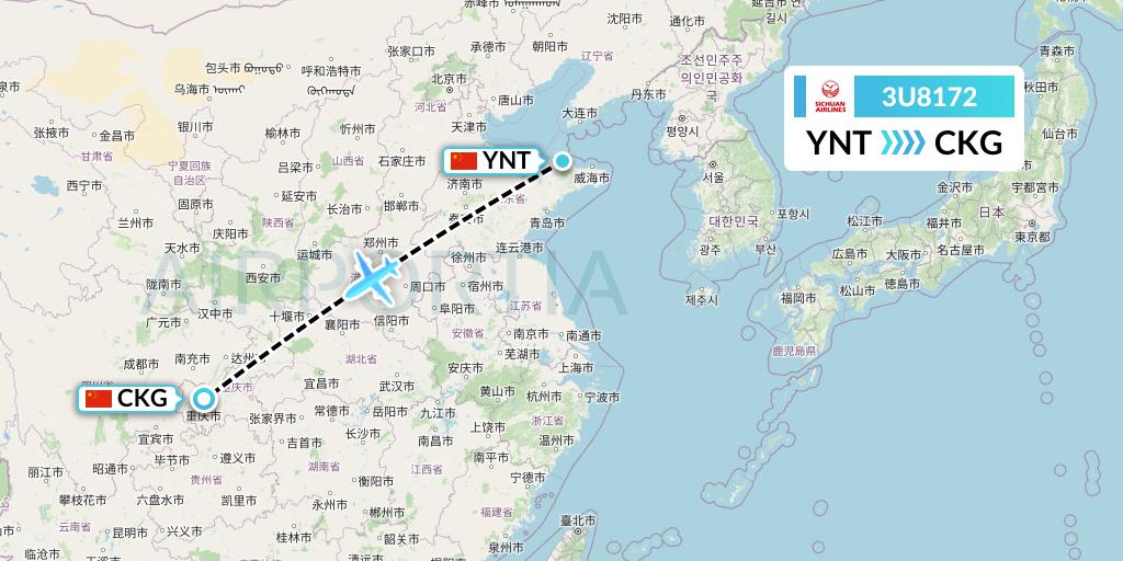 3U8172 Sichuan Airlines Flight Map: Yantai to Chongqing