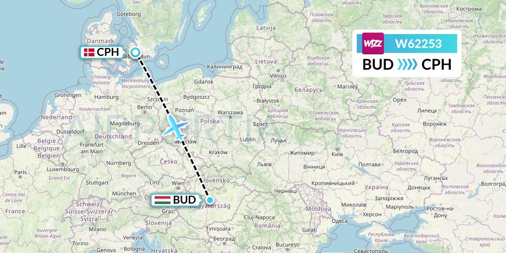 W62253 Wizz Air Flight Map: Budapest to Copenhagen