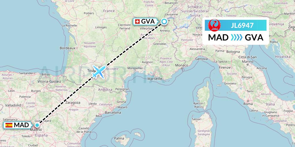 JL6947 Japan Airlines Flight Map: Madrid to Geneva
