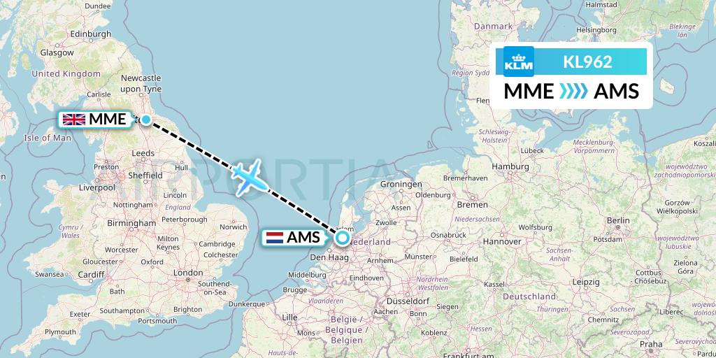 KL962 KLM Flight Map: Darlington to Amsterdam