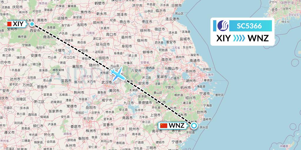 SC5366 Shandong Airlines Flight Map: Xi'an to Wenzhou