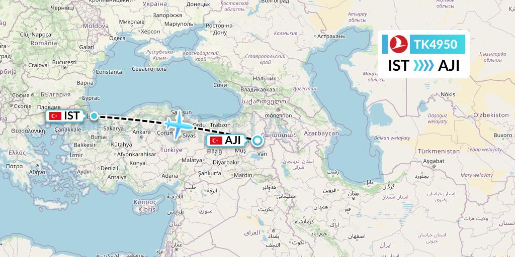 TK4950 Turkish Airlines Flight Map: Istanbul to Agri