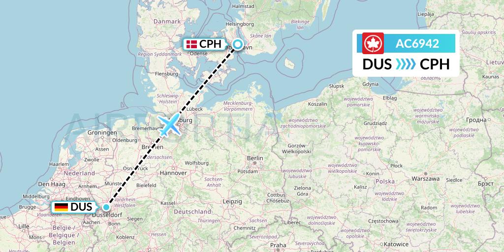 AC6942 Air Canada Flight Map: Dusseldorf to Copenhagen