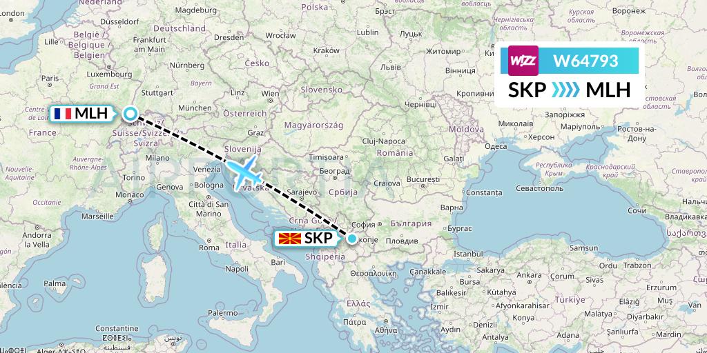 W64793 Wizz Air Flight Map: Skopje to Basel Mulhouse Freiburg